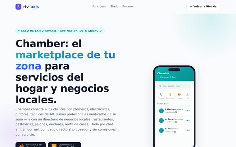 Portada de Chamber: marketplace de servicios del hogar, con la app en un teléfono